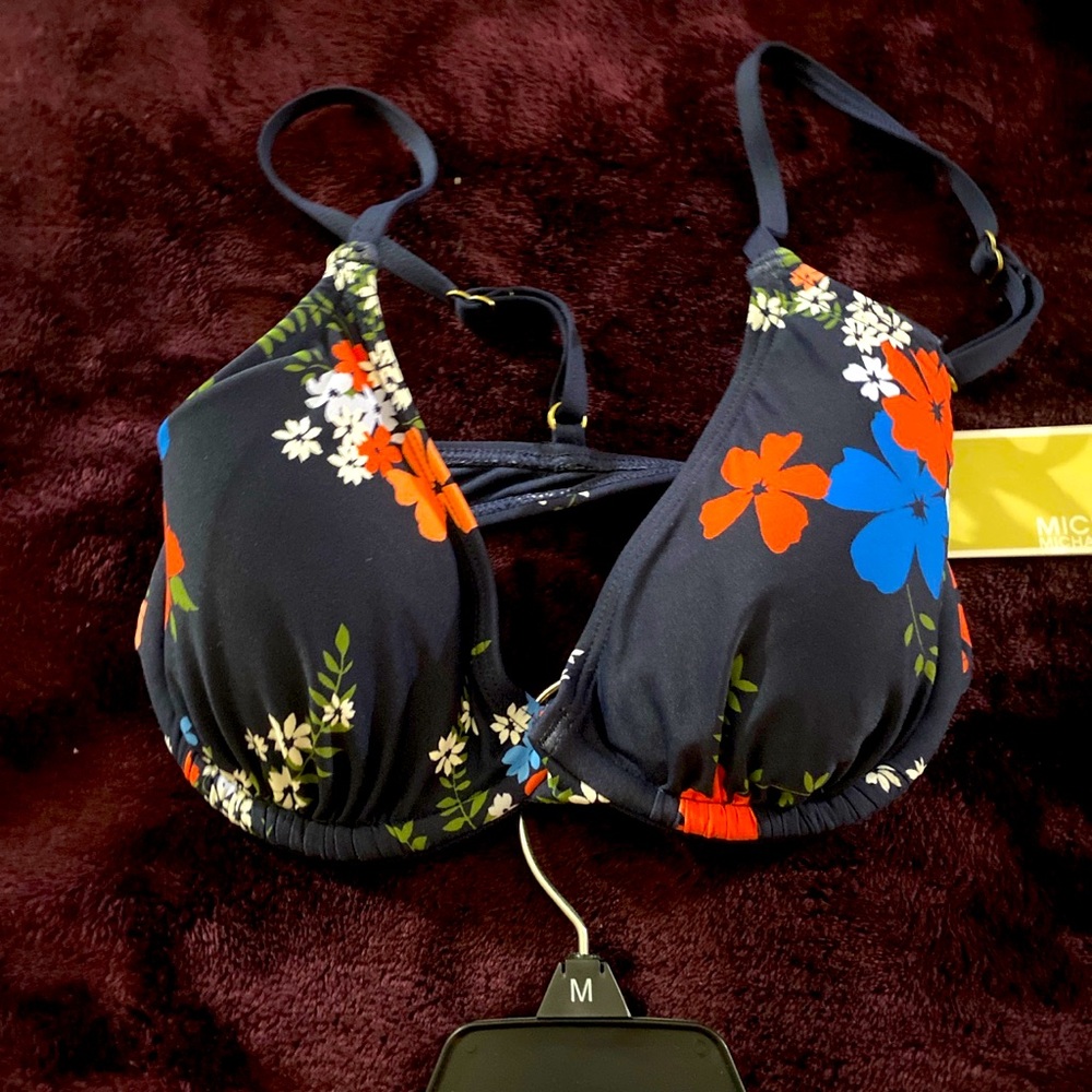 Floral navy bikini top and navy bottoms.